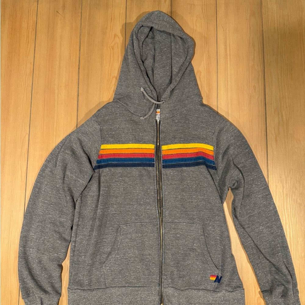 Aviator Nation Gray Zip Up Sweater with Hood and Rainbow Stripe
